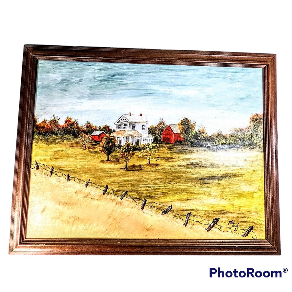 Vintage Oil Painting On Board Signed Billy Pelo?83 Farmhouse Red Barn Landscape
